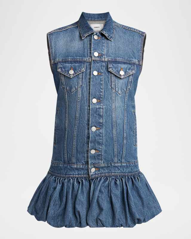 Bubble-Hem Sleeveless Mini Denim Dress